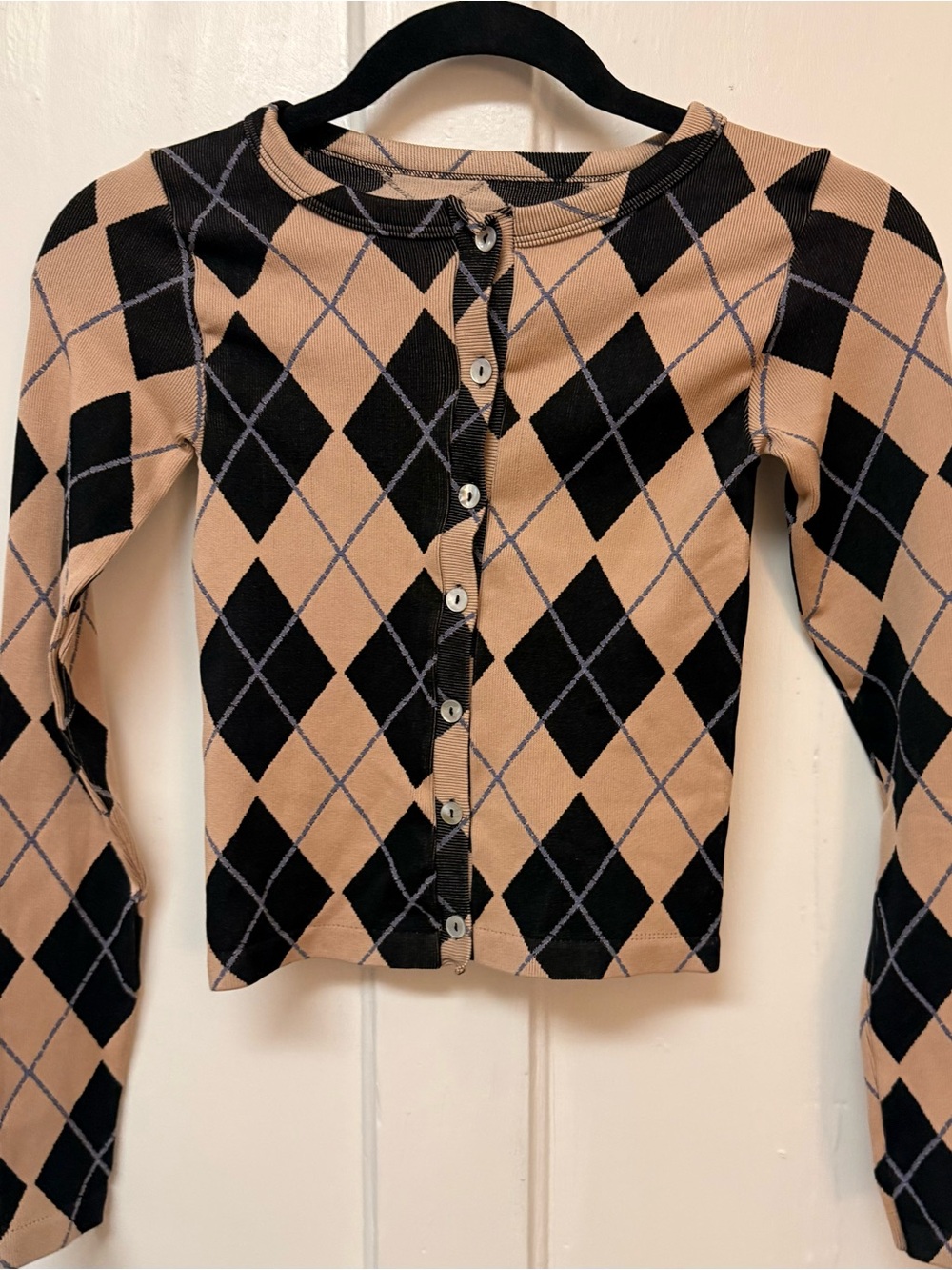 Argyle Button-Up Cropped Cardigan